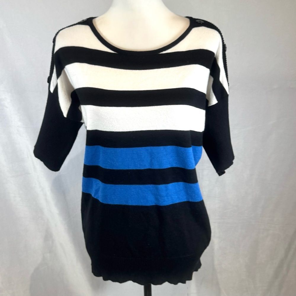 Kim Rogers black blue and white striped button detail sweater size medium